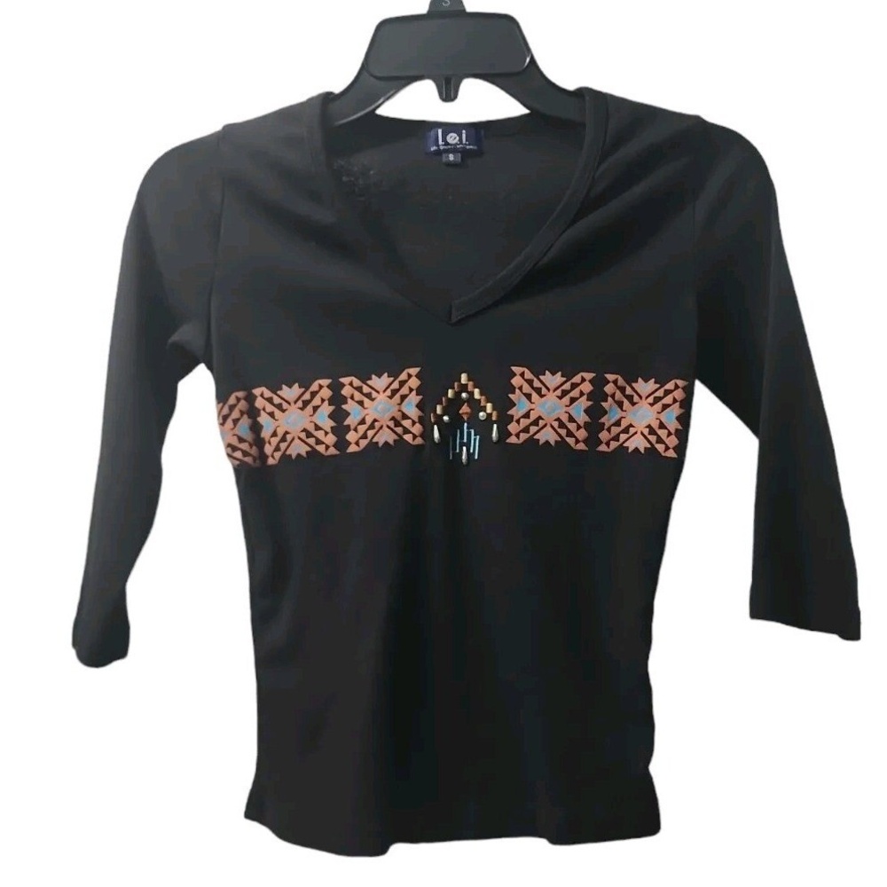 Lei V-Neck Top Aztec Print 3/4 Sleeve Casual Tee Shirt‎ Small